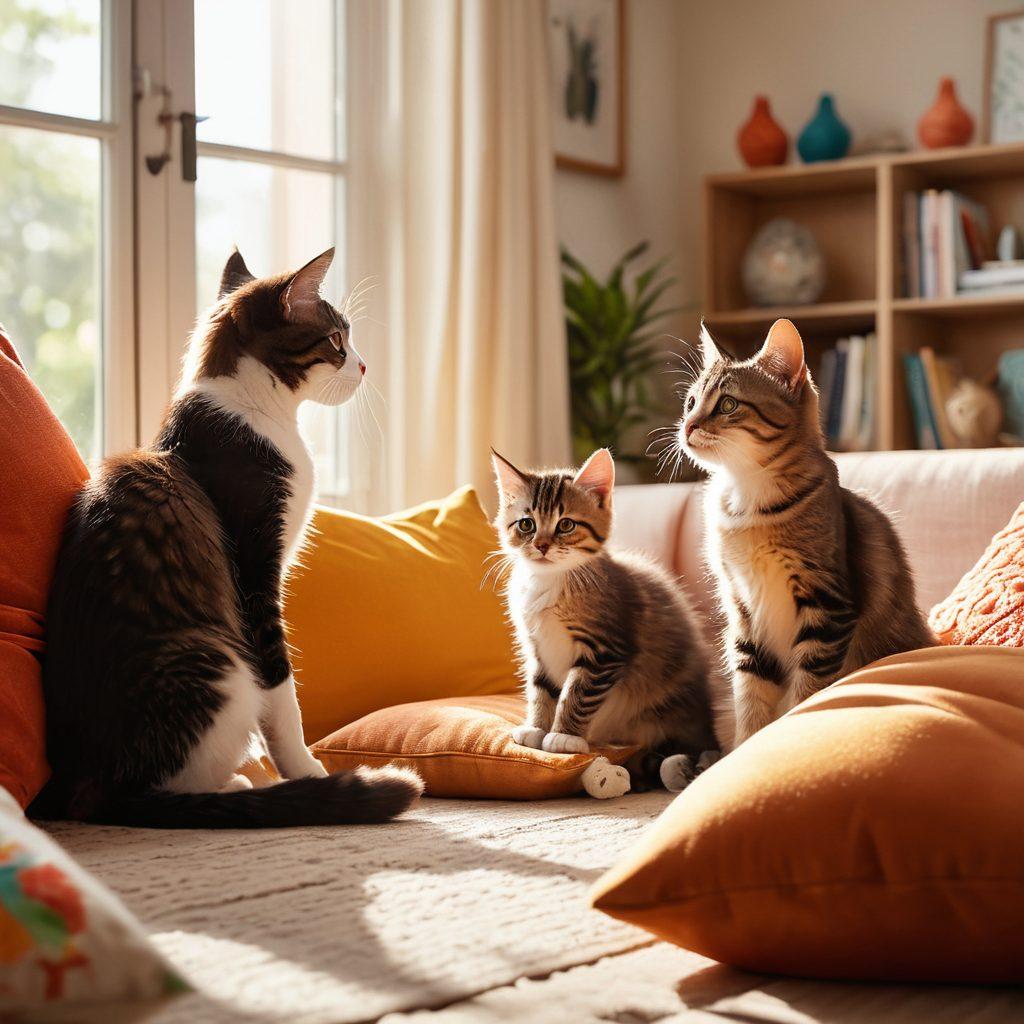 A cozy living room scene featuring a loving mother and her children playing with a fluffy, playful kitten. The family is surrounded by vibrant toys and soft cushions, showcasing joy and warmth. Sunlight streams through a window, casting soft, inviting shadows, creating a heartwarming atmosphere. The kitten is mid-pounce, capturing the fun and energy of the moment. super-realistic. warm colors. bright, cheerful ambiance.