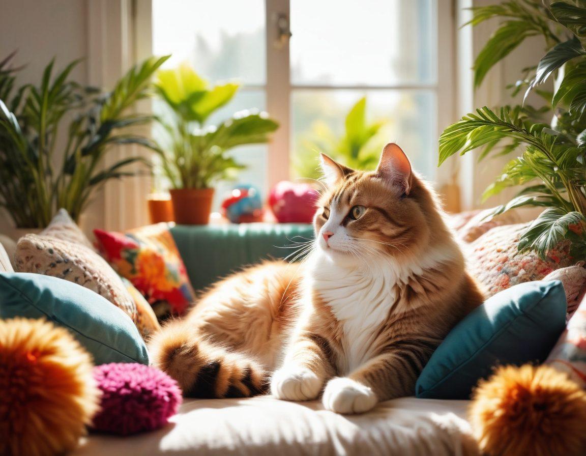 A heartwarming scene of a fluffy cat nestled in the lap of a smiling person, surrounded by colorful toys and soft cushions, with sunlight streaming in through a window creating a warm glow. The person is gently petting the cat, showcasing the bond and joy between them, while vibrant plants are seen in the background to enhance a cozy atmosphere. super-realistic. vibrant colors. warm tones.