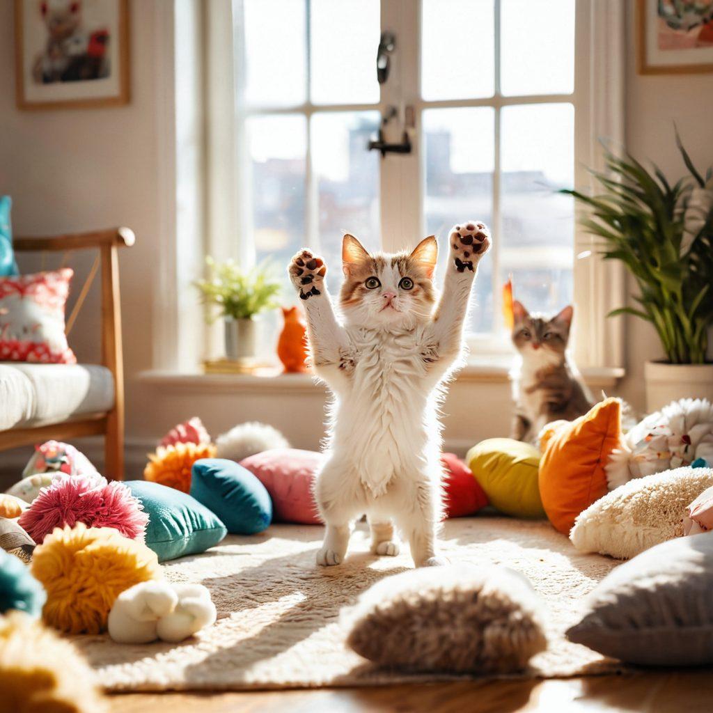A cute, fluffy kitten playfully tumbling in a vibrant living room filled with soft toys and sunlight streaming through the window. A family of diverse people, smiling and interacting with the kitten, showcases the joy it brings. The background features colorful cushions and playful decor, emphasizing warmth and togetherness. super-realistic. vibrant colors. cozy atmosphere.